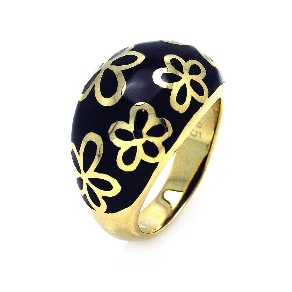 Silver 925 Gold Plated Black Enamel Flower Dome Ring - STR00663