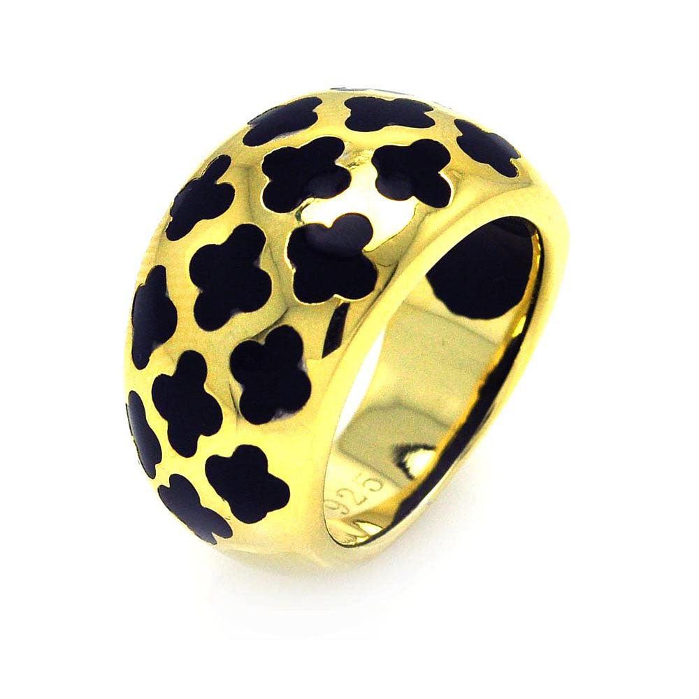Sterling Silver Gold Plated Black Enamel Clover Ring - STR00665