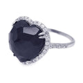 Silver 925 Rhodium Plated Black Center and Cluster CZ Heart Ring - STR00670