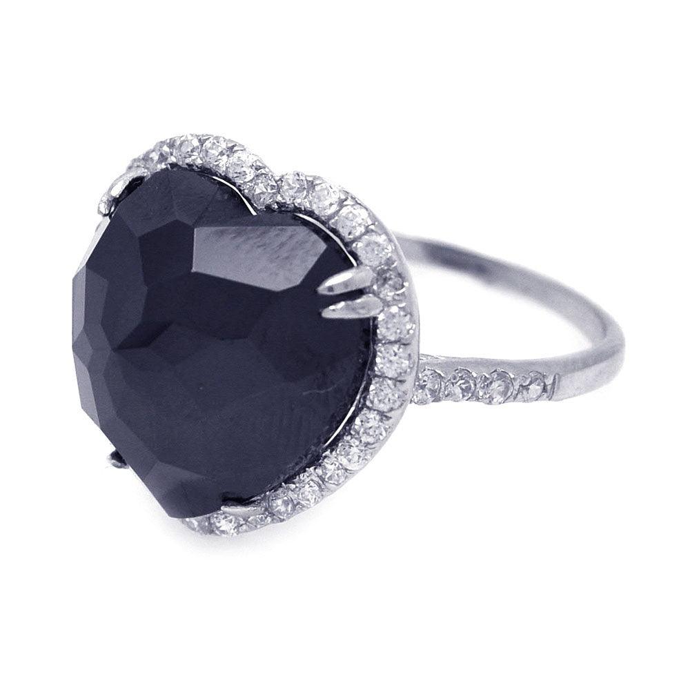 Silver 925 Rhodium Plated Black Center and Cluster CZ Heart Ring - STR00670