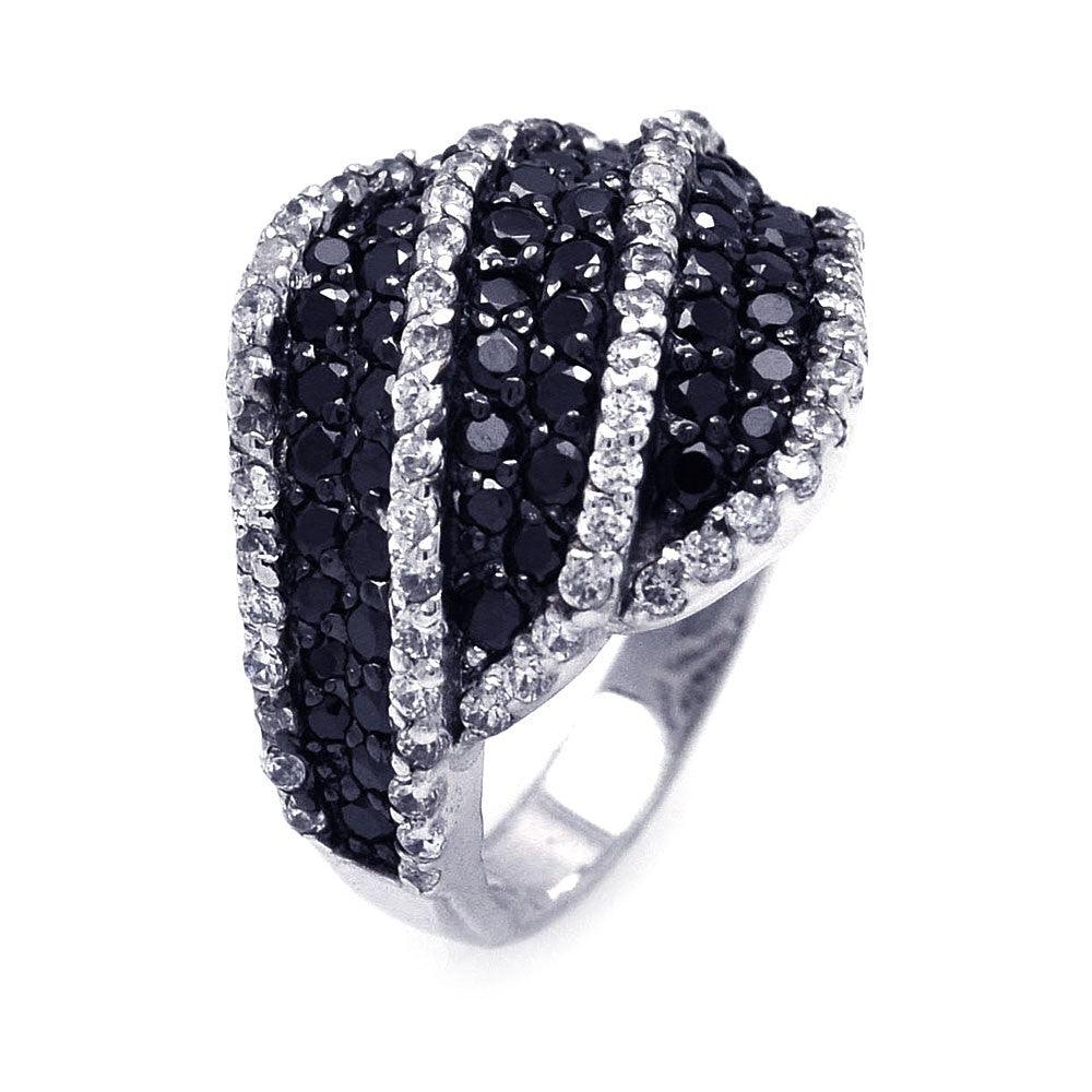 Silver 925 Rhodium and Black Rhodium Plated Pave Set Black and Clear CZ Stripe Ring - STR00675