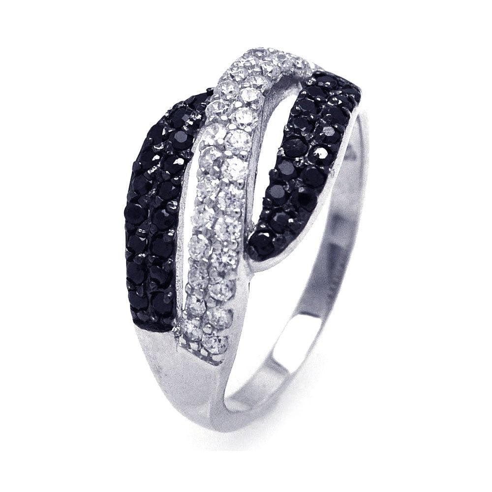 Silver 925 Rhodium and Black Rhodium Plated Black and Clear CZ Wave Ring - STR00676