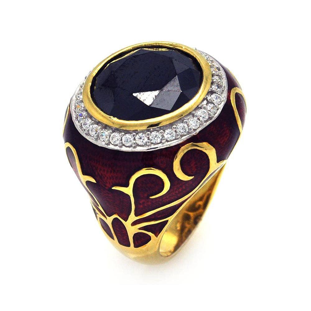 Silver 925 Rhodium and Gold Plated Red Enamel Black Center and Clear Cluster CZ Victorian Ring - STR00677