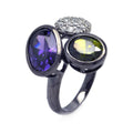 Silver 925 Dark Rhodium Plated Purple Green Pave Set Clear CZ Ring - STR00695