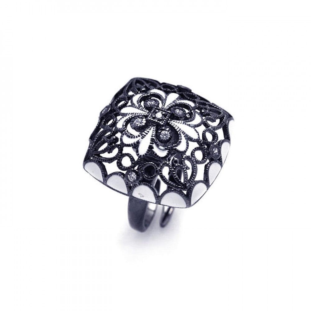 Silver 925 Black Rhodium Plated Clear CZ Flower Ring - STR00700