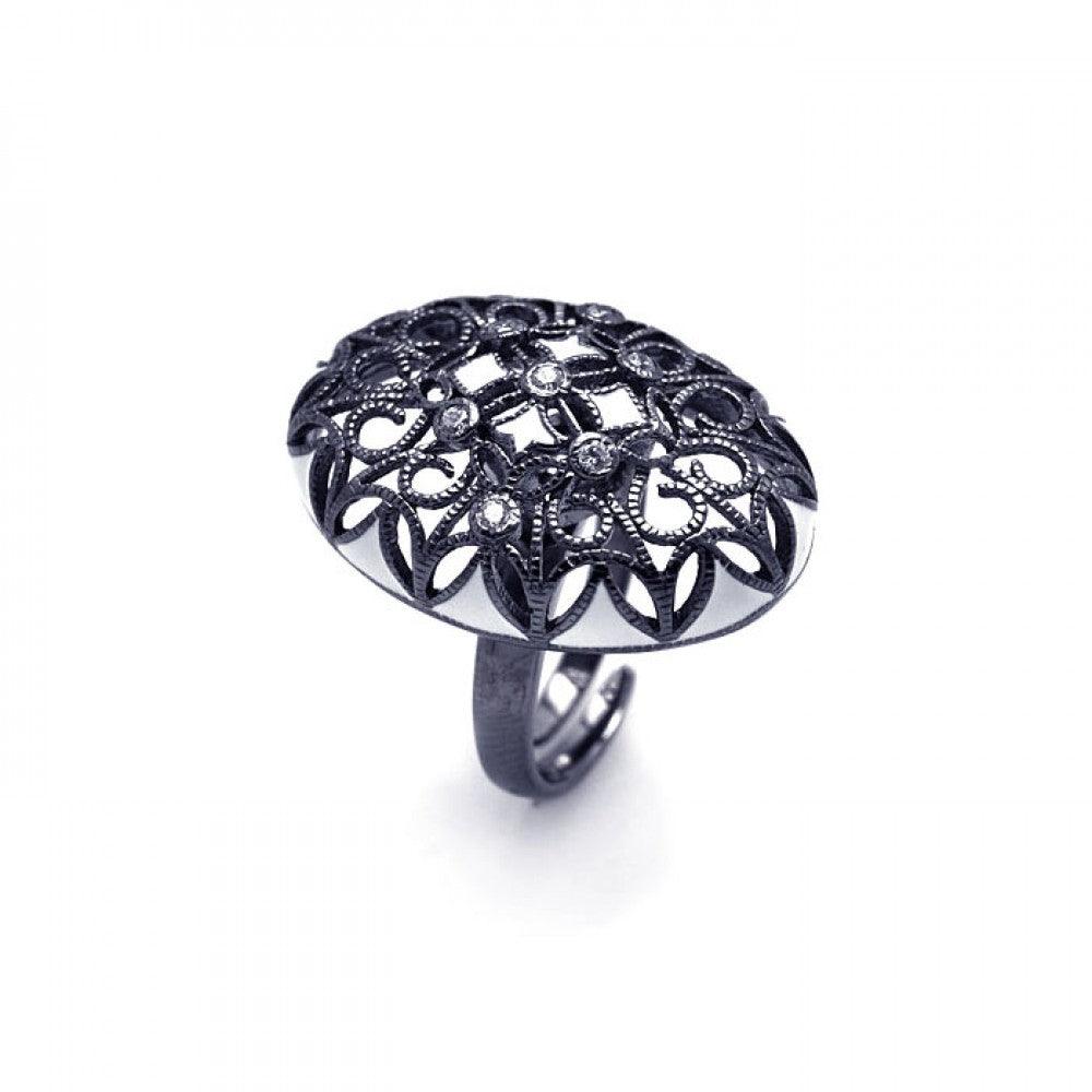 Silver 925 Black Rhodium Plated Clear CZ Oval Flower Ring - STR00701