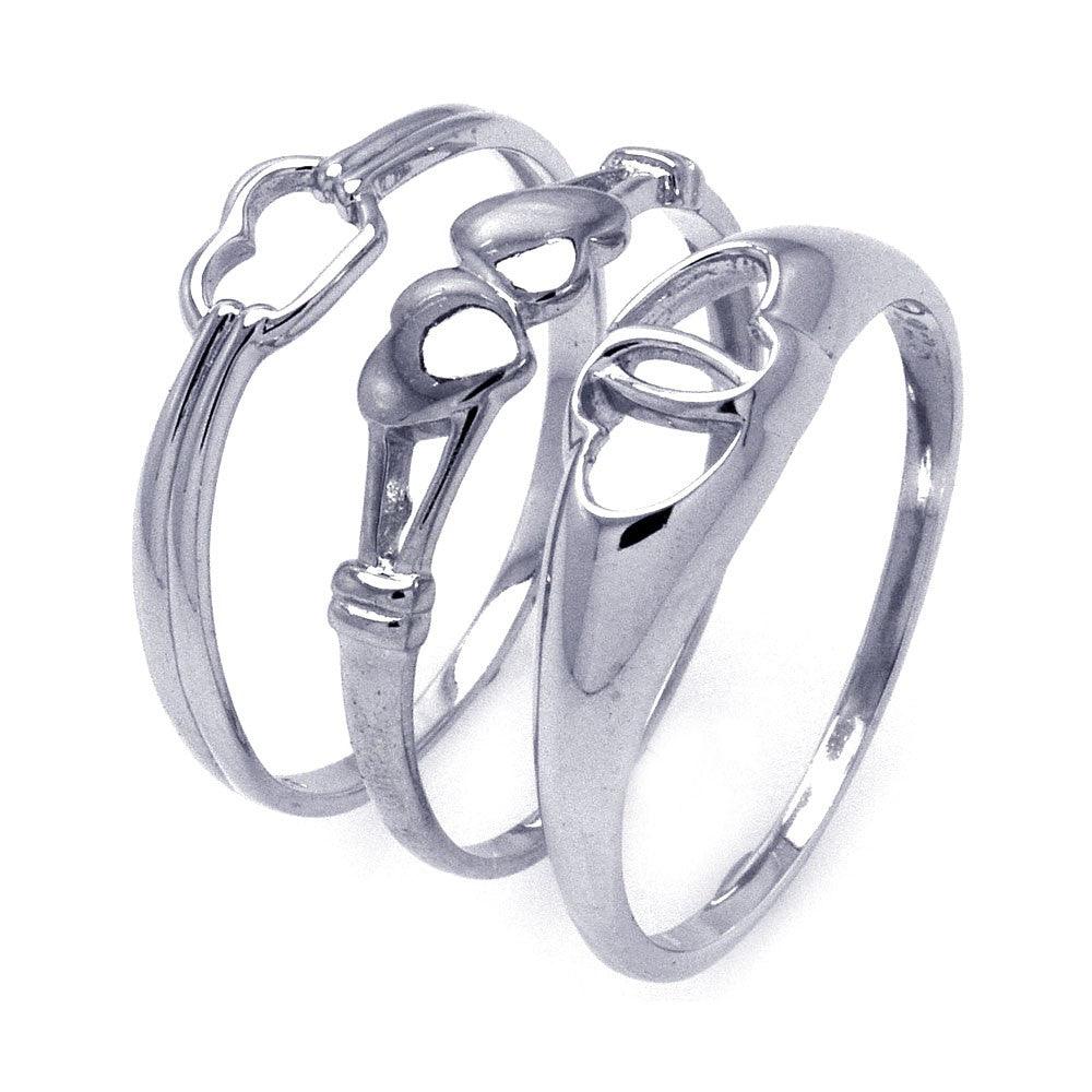Silver 925 Rhodium Plated Open Heart Ring Set - STR00793