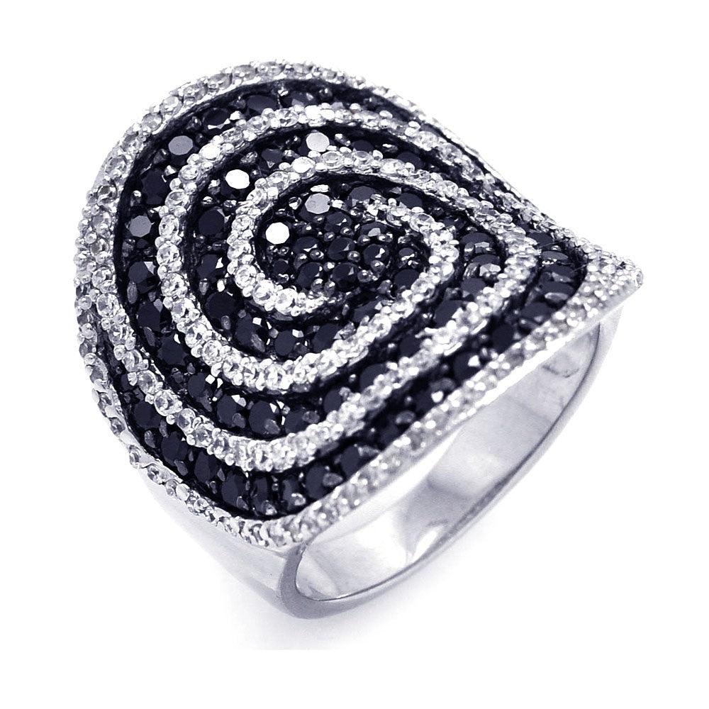 Silver 925 Rhodium and Black Rhodium Plated Black and Clear CZ Cigar Band Spiral Ring - STR00819