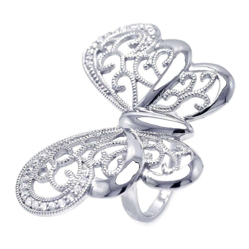 Silver 925 Rhodium Plated CZ Large Butterfly Ring - STR00830