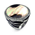 Silver 925 Rhodium Plated Black Enamel Dark Mother of Pearl Cigar Band Ring - STR00846