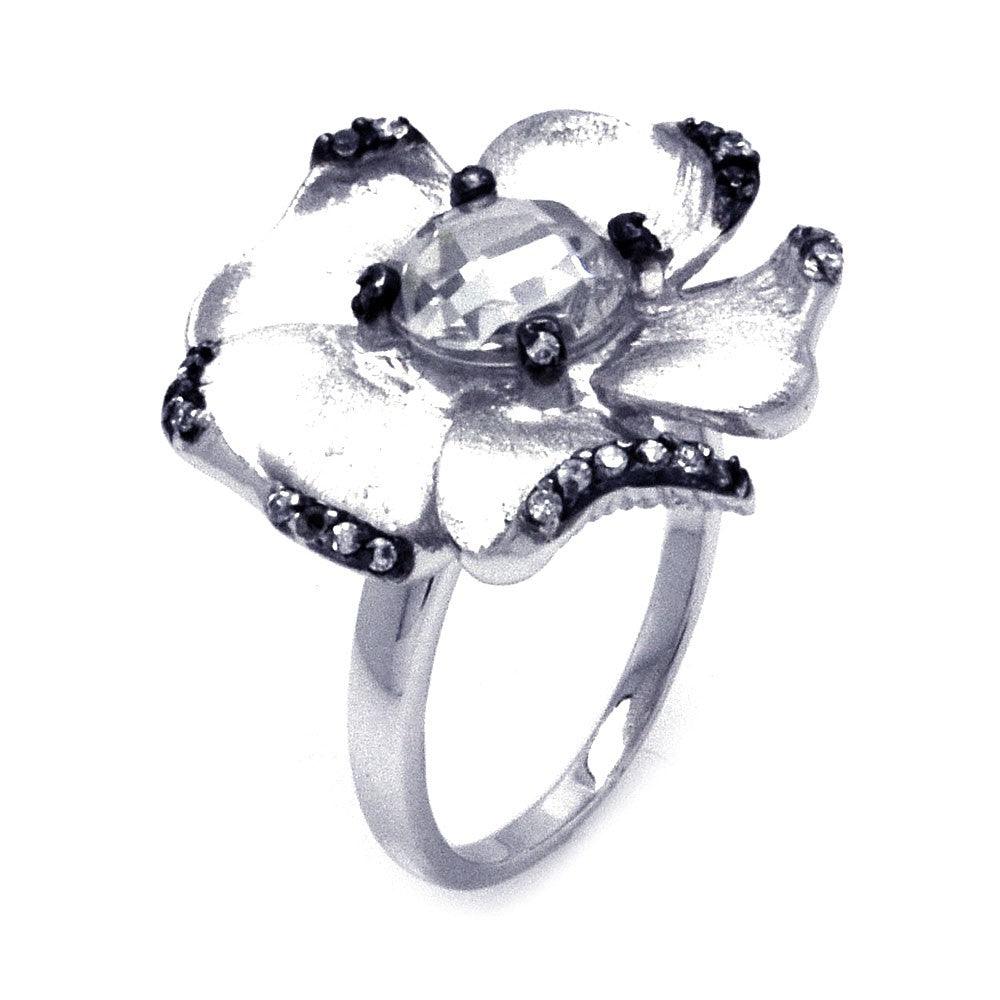 Silver 925 Rhodium and Black Rhodium Plated CZ Flower Ring - STR00854