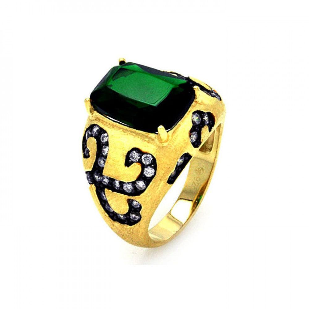 Silver 925 Black Rhodium and Gold Plated Green Center and Clear CZ Cigar Band Ring - STR00855