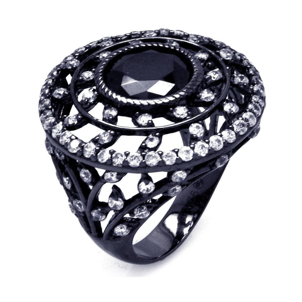 Silver 925 Black Rhodium Plated Black Center and Clear CZ Round Ring - STR00863