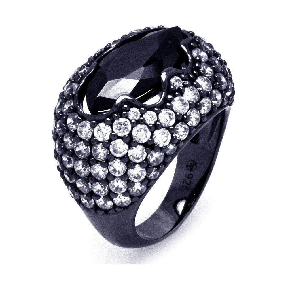 Silver 925 Black Rhodium Plated Black Center Pave Set Clear CZ Cigar Band Ring - STR00864
