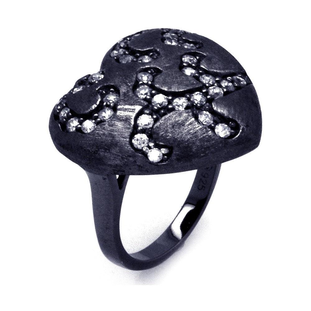 Silver 925 Black Rhodium Plated Matte Finish Clear CZ Heart Ring - STR00865