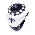 Silver 925 Black Rhodium Plated White Enamel Black Center CZ Cigar Band Ring - STR00867