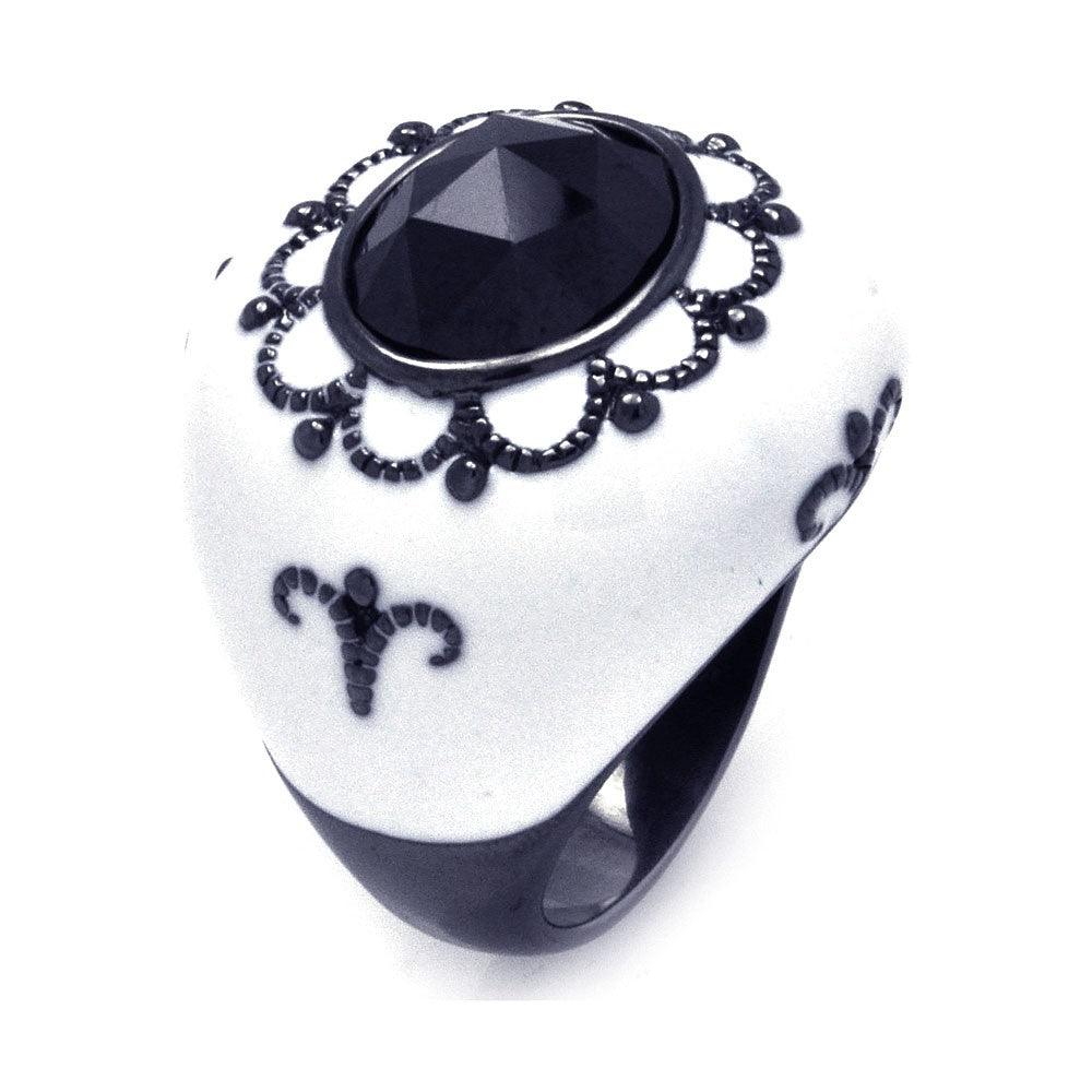 Silver 925 Black Rhodium Plated White Enamel Black Center CZ Cigar Band Ring - STR00867