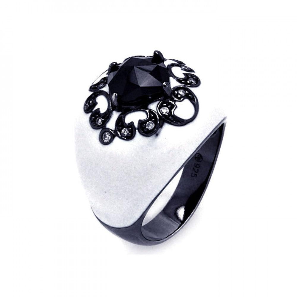 Silver 925 Rhodium and Black Rhodium Plated White Enamel Black Center Clear CZ Cigar Band Ring - STR00868