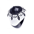 Silver 925 Black Rhodium Plated White Enamel Black Center Clear CZ Cigar Band Dome Ring - STR00869