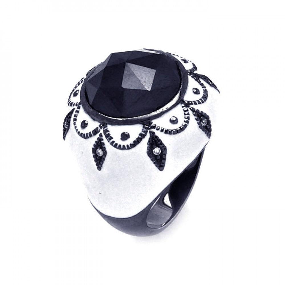 Silver 925 Black Rhodium Plated White Enamel Black Center Clear CZ Cigar Band Dome Ring - STR00869
