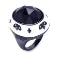 Silver 925 Black Rhodium Plated White Enamel Black Center Clear CZ Dome Ring - STR00870