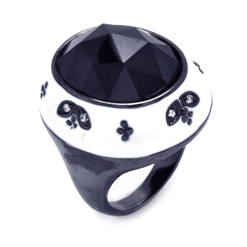 Silver 925 Black Rhodium Plated White Enamel Black Center Clear CZ Dome Ring - STR00870