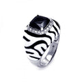 Silver 925 Rhodium Plated Black White Enamel Black Center White Cluster CZ Zebra Stripe Ring - STR00874