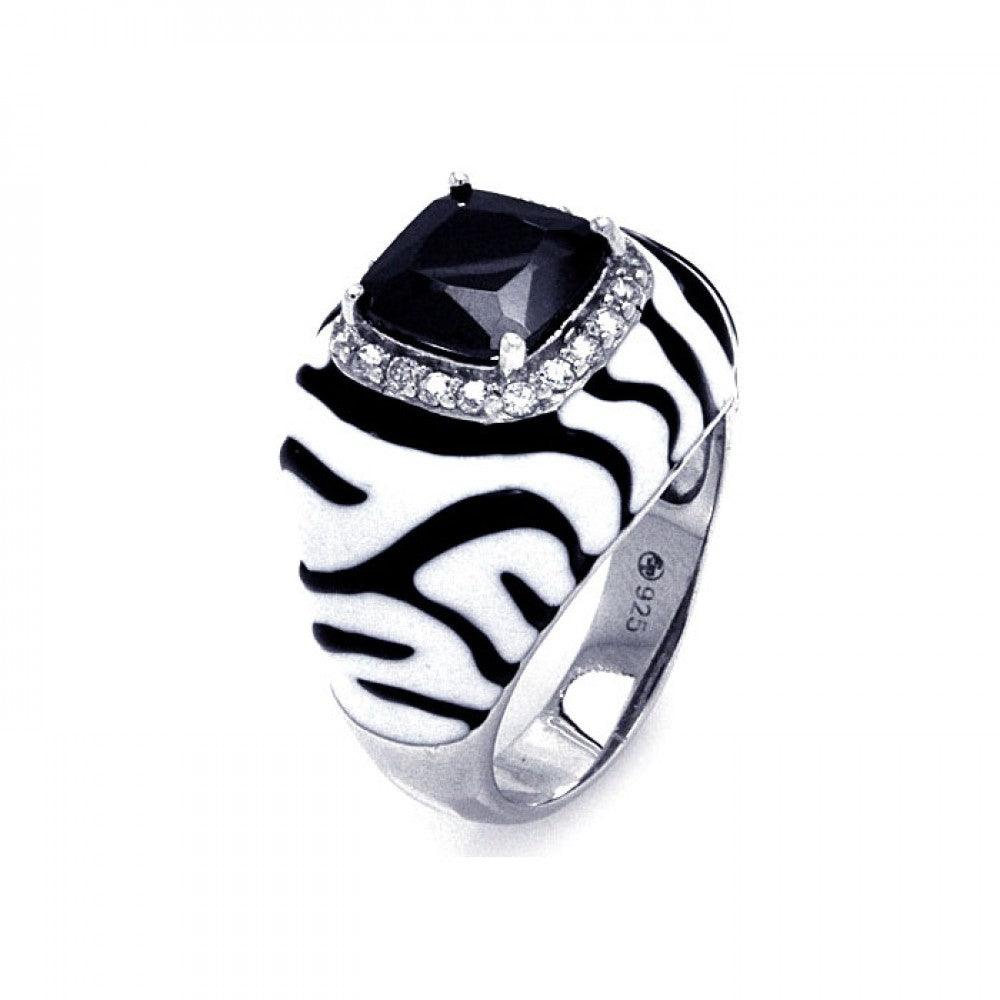 Silver 925 Rhodium Plated Black White Enamel Black Center White Cluster CZ Zebra Stripe Ring - STR00874
