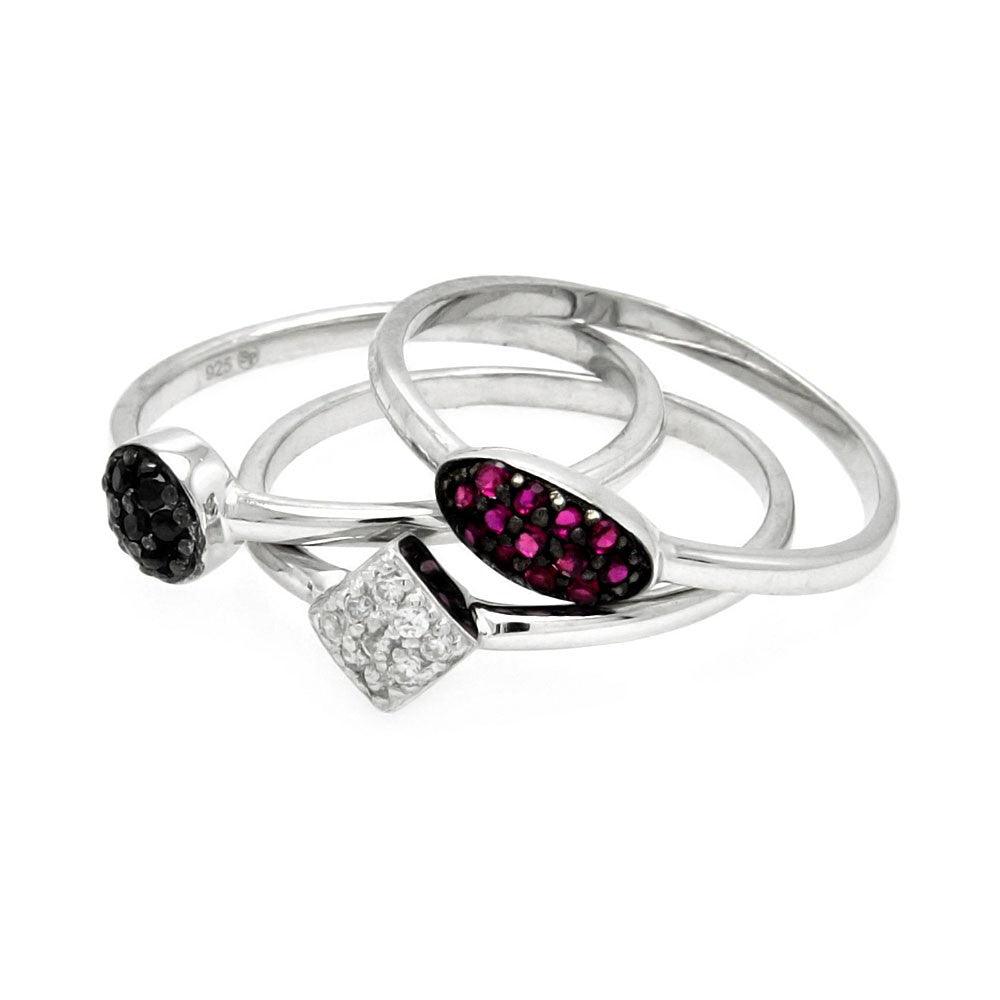 Silver 925 Rhodium and Black Rhodium Plated Clear Black Purple Pave Set CZ Ring Set - STR00899