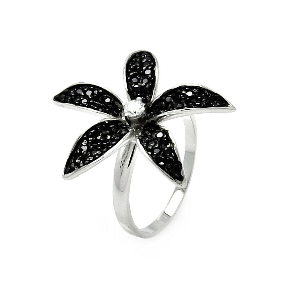 Silver 925 Black and Silver Rhodium Plated Small Round CZ Flower Ring - STR00904