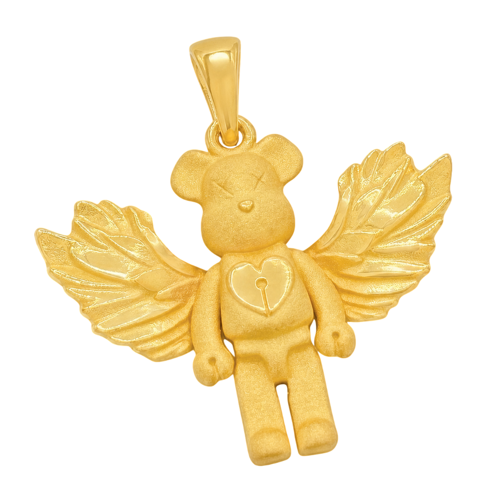 Solid gold Bear Figure with Angel Wings Pendant, feathered wings and a keyhole heart