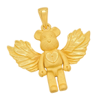 Solid gold Bear Figure with Angel Wings Pendant, feathered wings and a keyhole heart