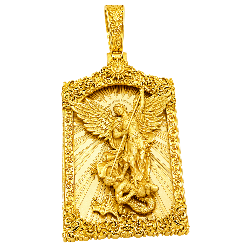 Solid gold Saint Michael Archangel Portrait Artwork V2 Pendant, wings spread on a ray burst inside a carved scrollwork frame