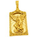 Solid gold Saint Michael Archangel Portrait Artwork V2 Pendant, wings spread on a ray burst inside a carved scrollwork frame