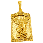 Solid gold Saint Michael Archangel Portrait Artwork V2 Pendant, wings spread on a ray burst inside a carved scrollwork frame