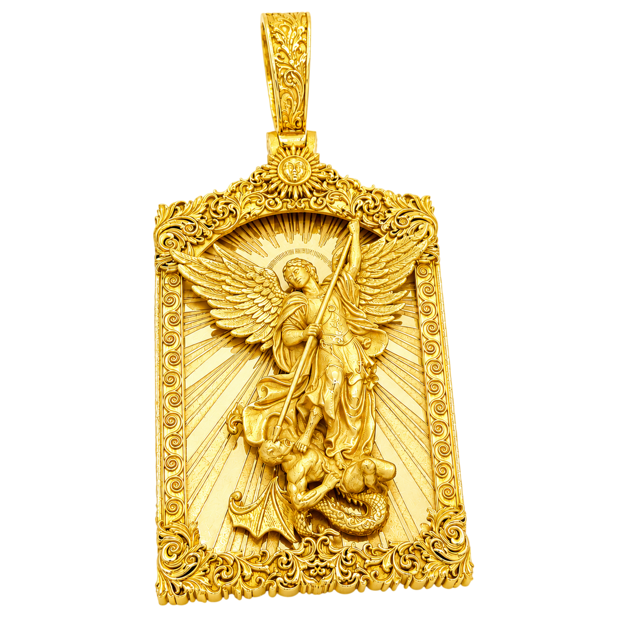 Solid gold Saint Michael Archangel Portrait Artwork V2 Pendant, wings spread on a ray burst inside a carved scrollwork frame