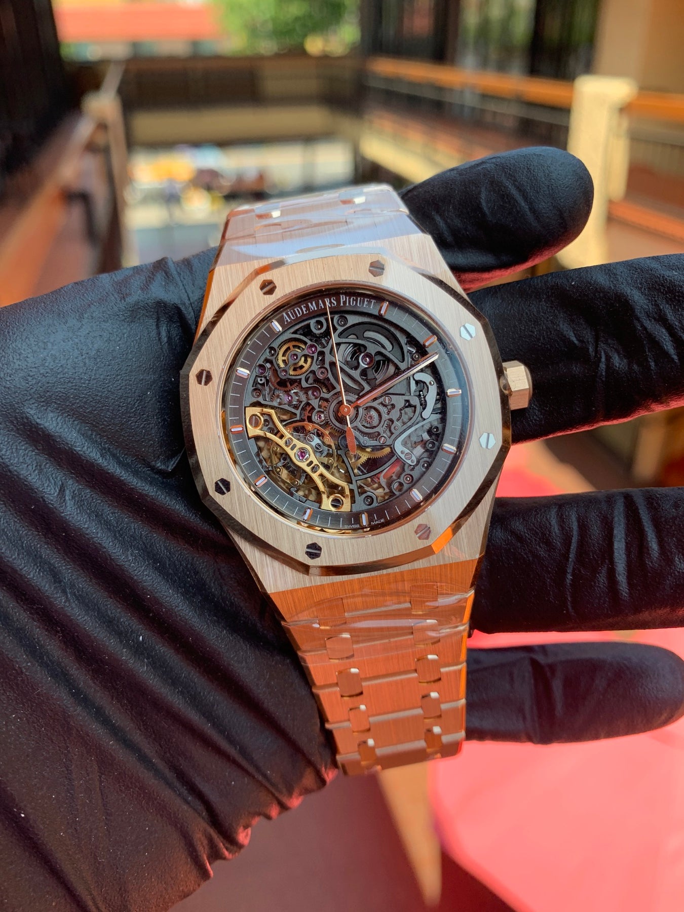 Audemars Piguet Royal Oak openworked watch on a black glove